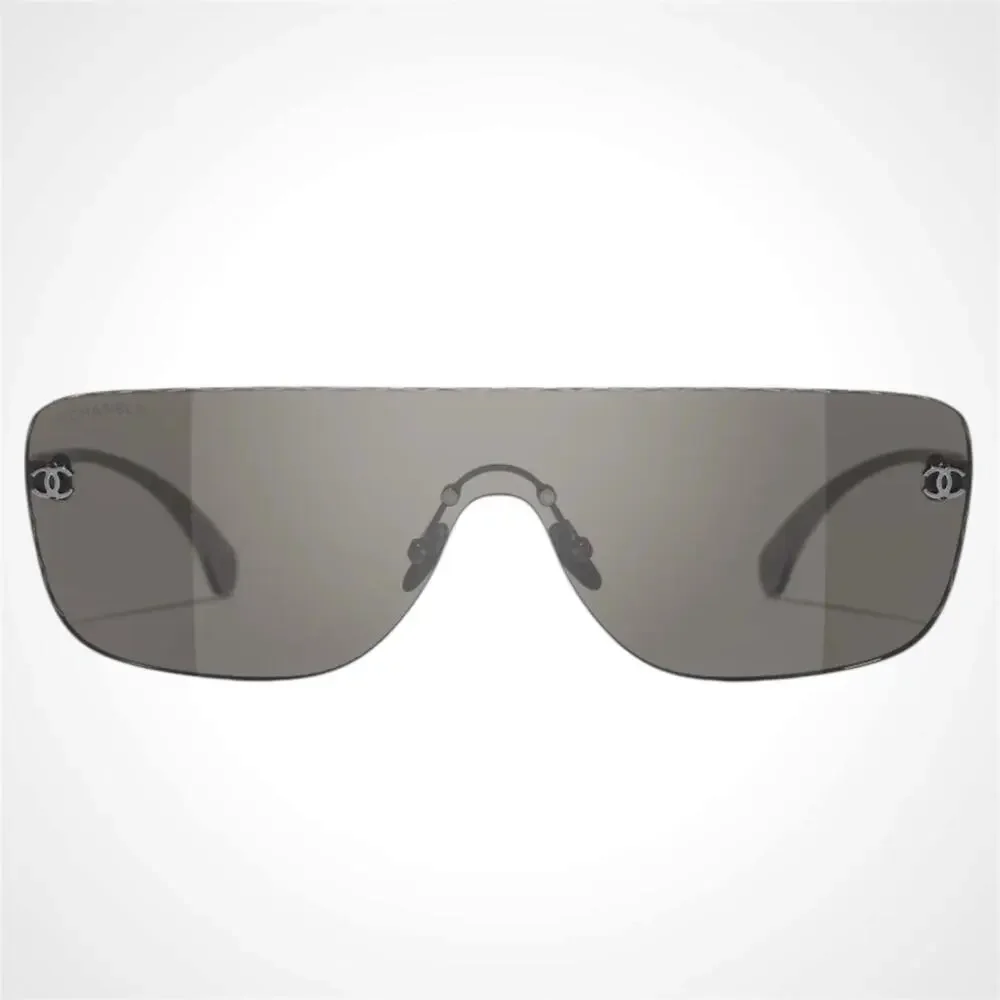 New CHANEL Sunglasses Ruthenium Metal Rimless Shield Mask Brown Lens CC Logo - Picture 2 of 5